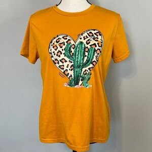 SHEIN Cactus Leopard Cheetah Print Mustard Yellow western Short Sleeve T Shirt